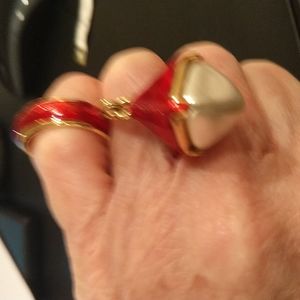 Pierced earrings, Red hoop suspending red capped 4 sided white pearl drop